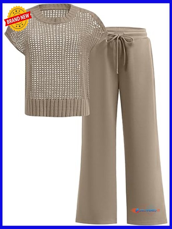 Other - Women's Two Piece Outfits Crochet Sheer Knit Sweater Top Wide Leg Pants Lounge